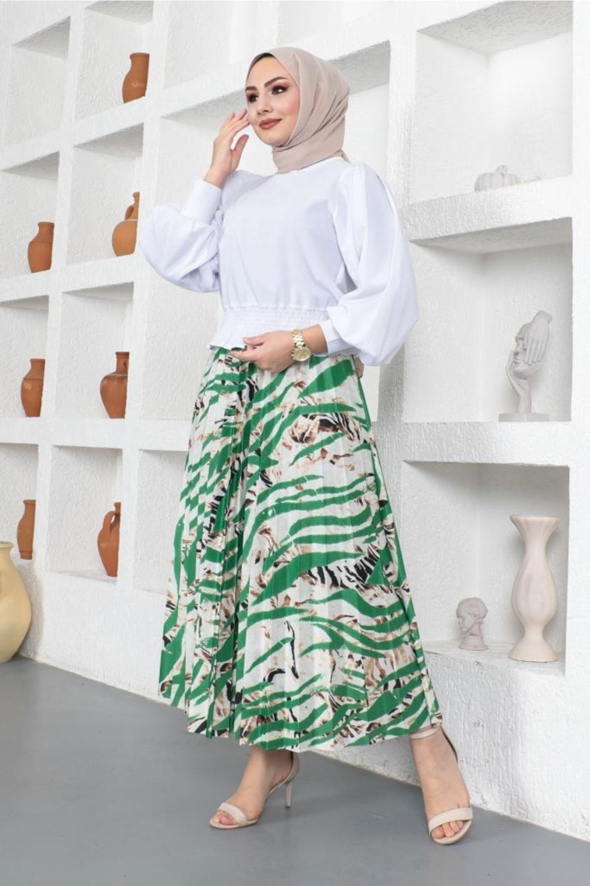 benguen 4525 Patterned Hijab Pleated Skirt Green