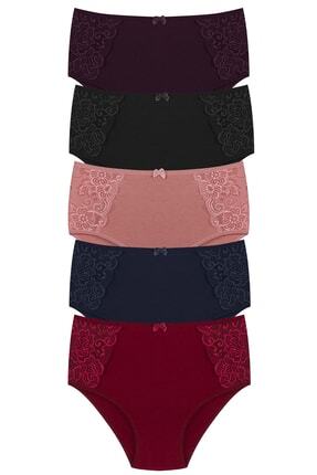 HNX 5'li Pamuklu Yanları Dantel Yüksek Bel Büyük Beden Kadın Külot