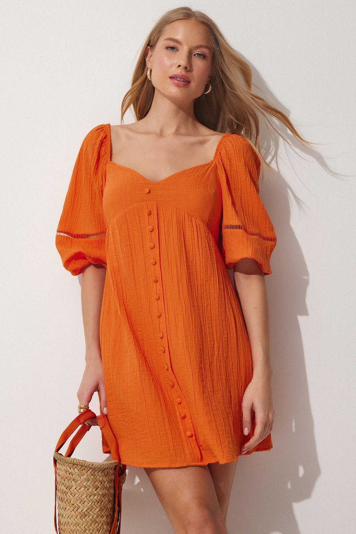 Happiness İstanbul-Damen-Sommerkleid mit herzförmigem Ausschnitt und Ballonärmeln in Orange DM00113 4