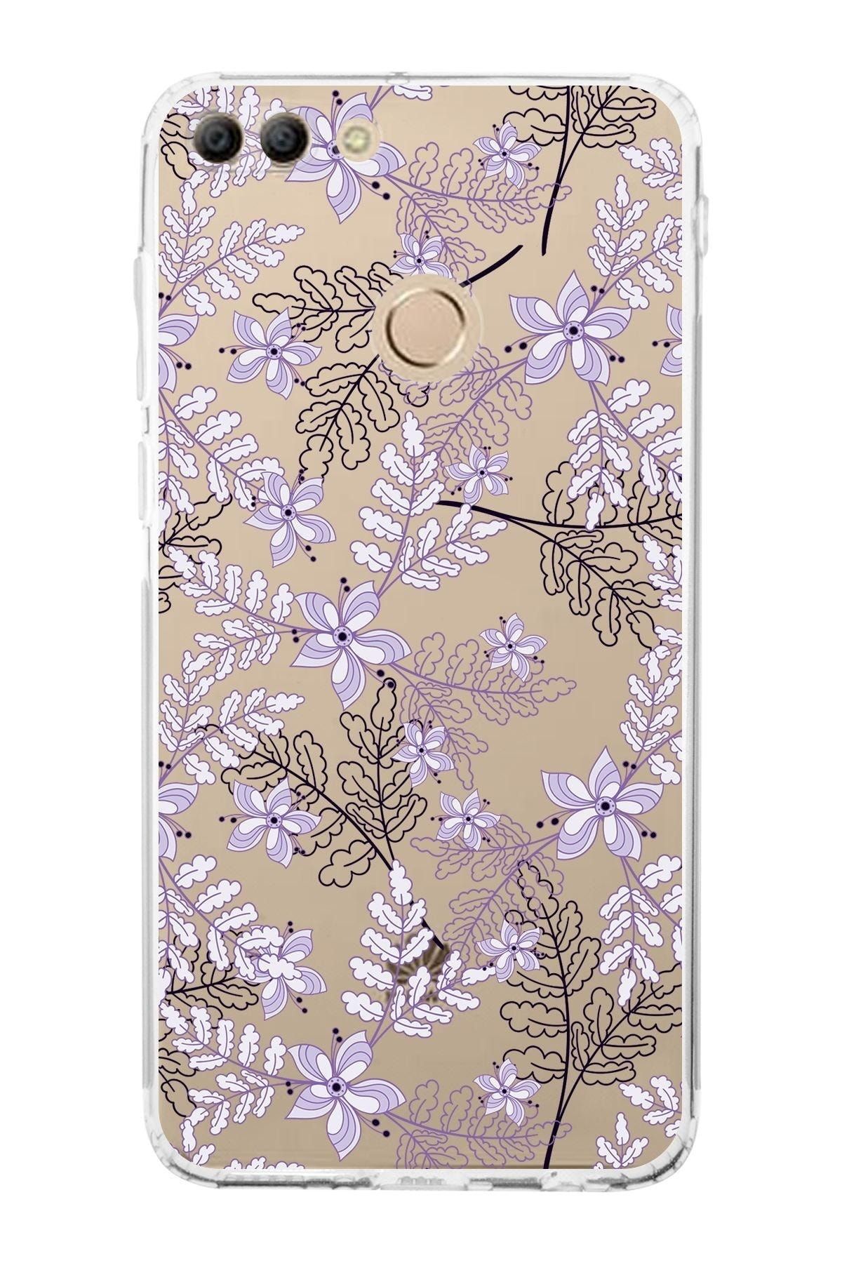 Huawei Y9 2018 Kamera Korumalı Kapak Floral Lila Tasarımlı Şeffaf Kılıf