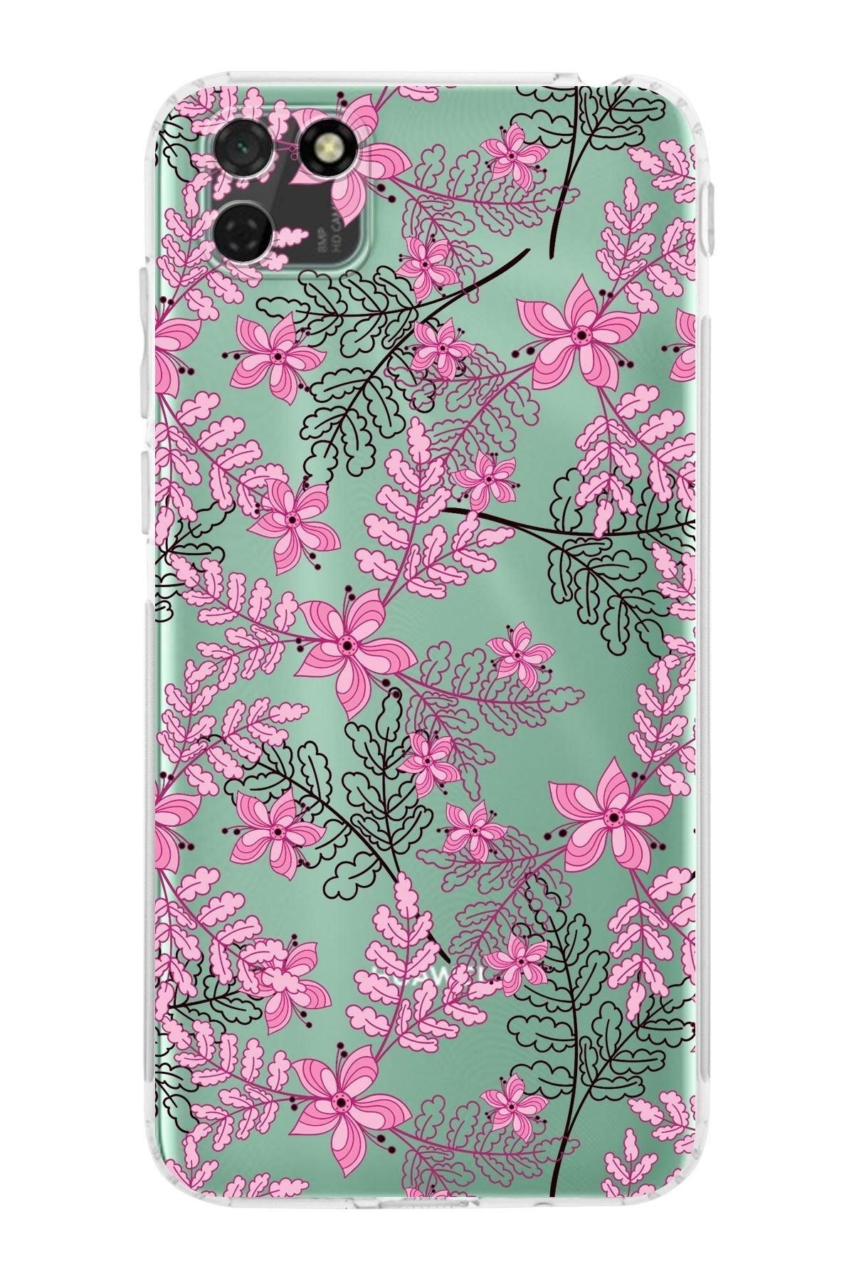 Huawei Y5 P Kamera Korumalı Kapak Floral Pembe Tasarımlı Şeffaf Kılıf
