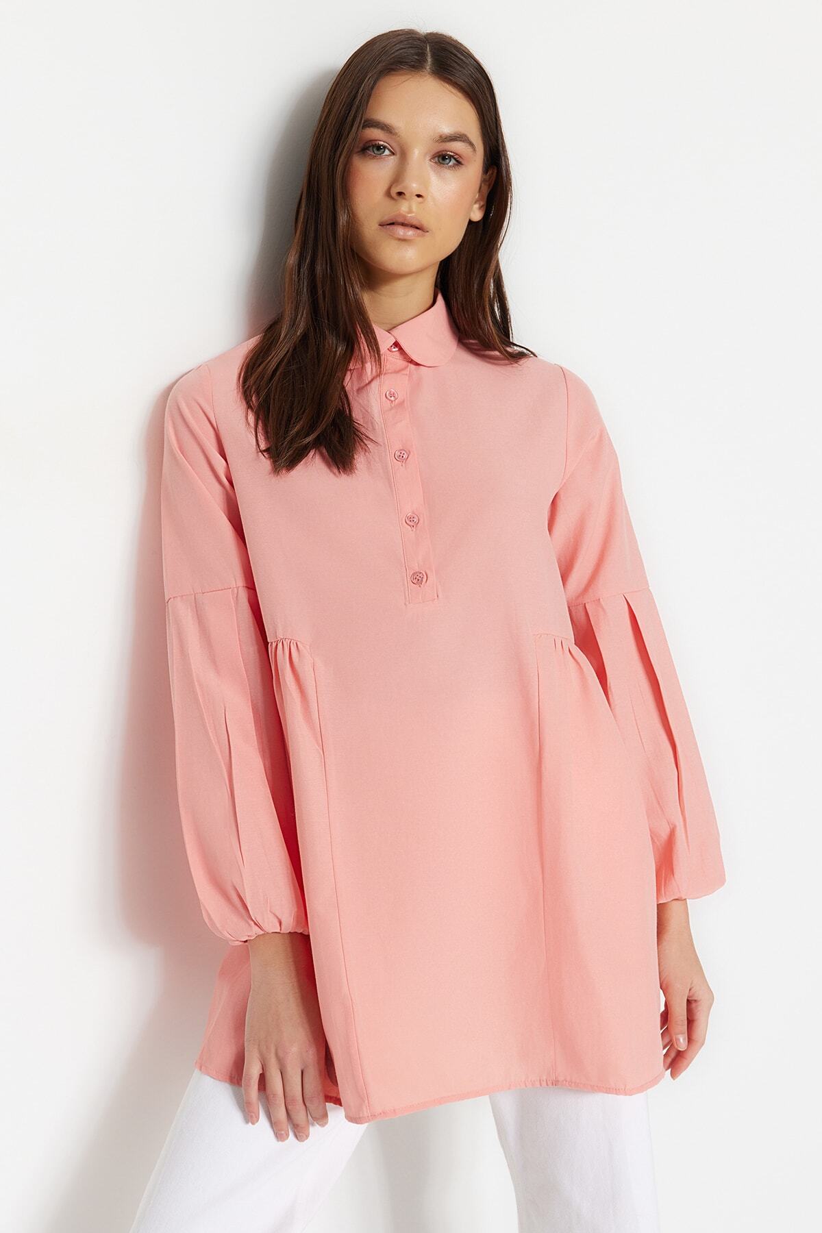 Trendyol Modest-Dried Rose Baby Collar Gathered Woven Cotton Tunic TCTSS23UK00088 1