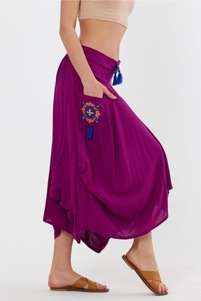 Cotton Mood Vp8147 Nakışlı Viskon Şalvar Etek Mor