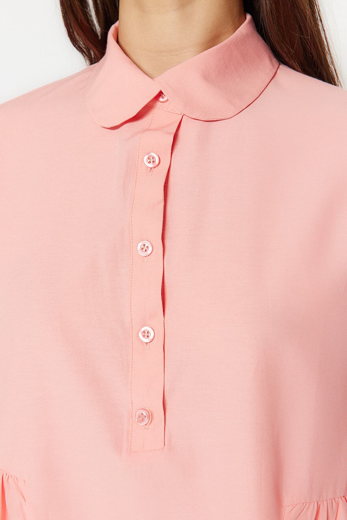 Trendyol Modest-Dried Rose Baby Collar Gathered Woven Cotton Tunic TCTSS23UK00088 5