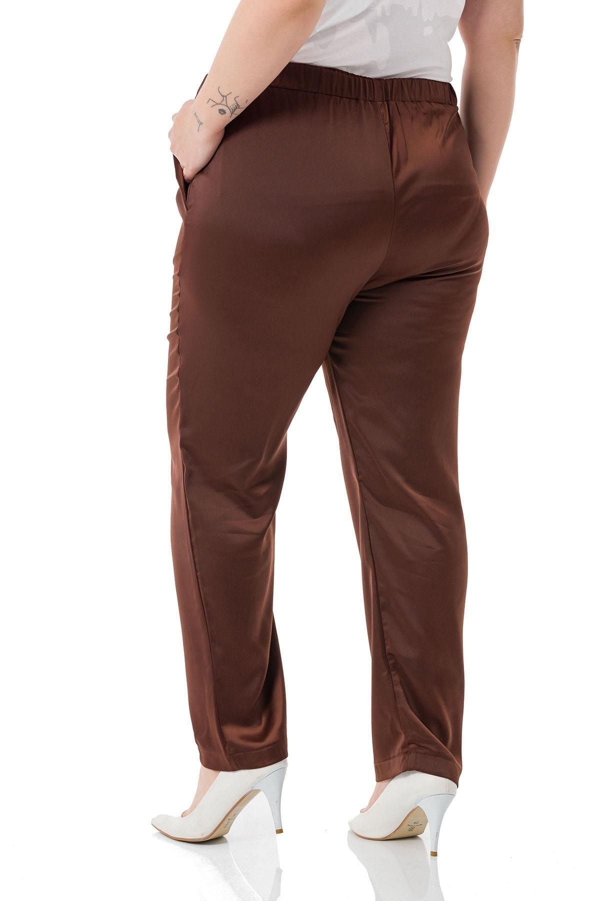 DISENTIS MODEST-Plus Size Satin Brown Trousers with Elastic Side and Back Pockets 3