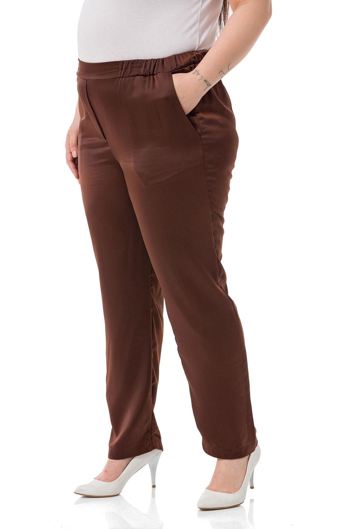 DISENTIS MODEST-Plus Size Satin Brown Trousers with Elastic Side and Back Pockets 5