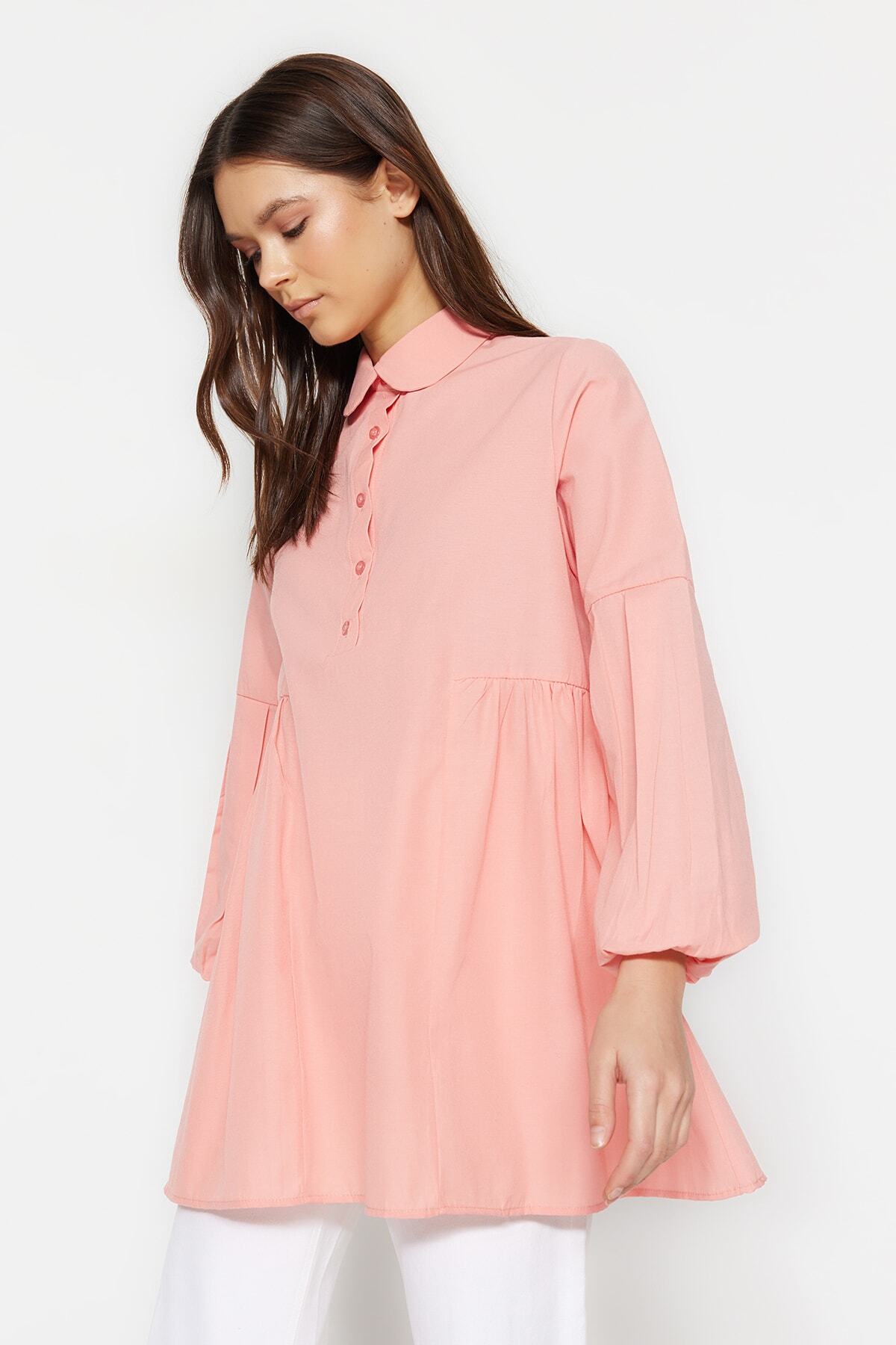 Trendyol Modest-Dried Rose Baby Collar Gathered Woven Cotton Tunic TCTSS23UK00088 3