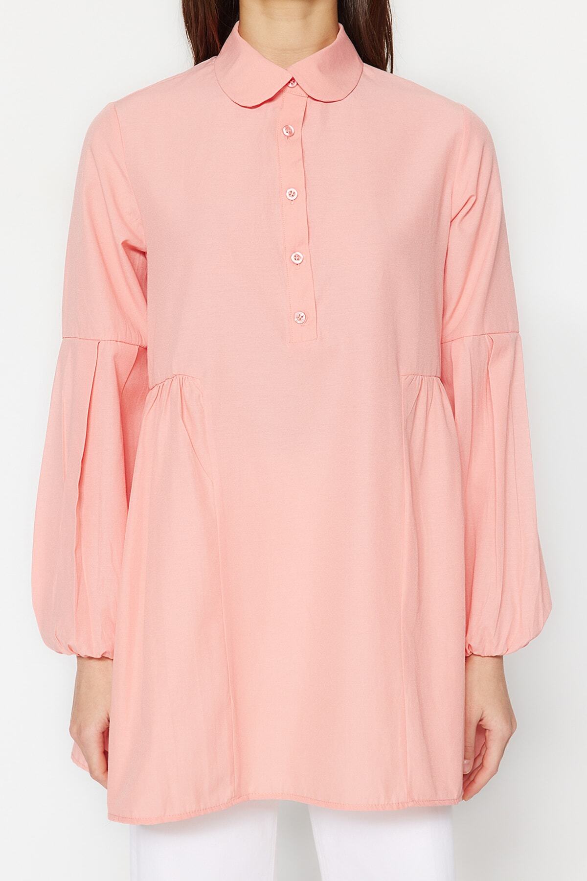 Trendyol Modest-Dried Rose Baby Collar Gathered Woven Cotton Tunic TCTSS23UK00088 4