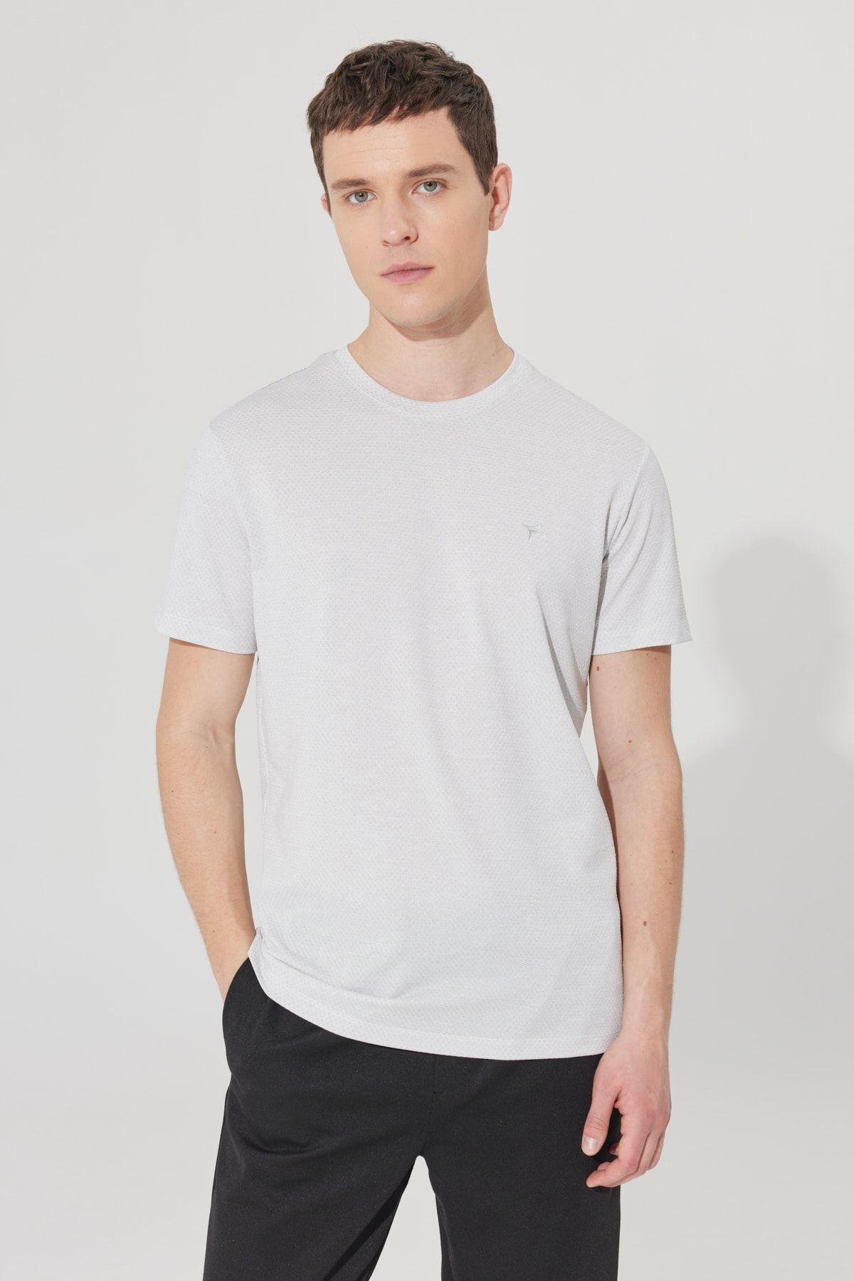 AC&Co / Altınyıldız Classics تی شرت آستین کوتاه مردانه خاکستری-سفید آسان آهنی با یقه باریک ژاکارد