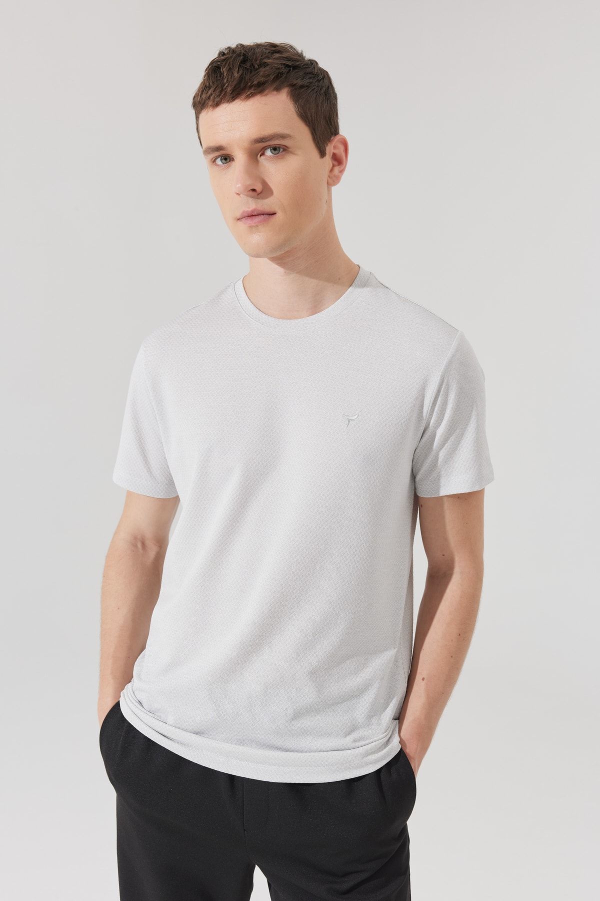 AC&Co / Altınyıldız Classics تی شرت آستین کوتاه مردانه خاکستری-سفید آسان آهنی با یقه باریک ژاکارد