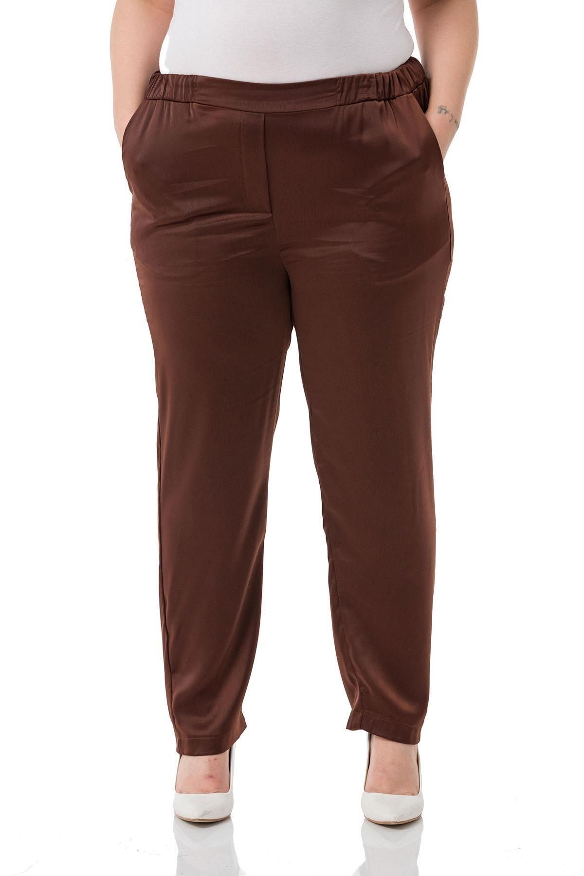DISENTIS MODEST-Plus Size Satin Brown Trousers with Elastic Side and Back Pockets 1