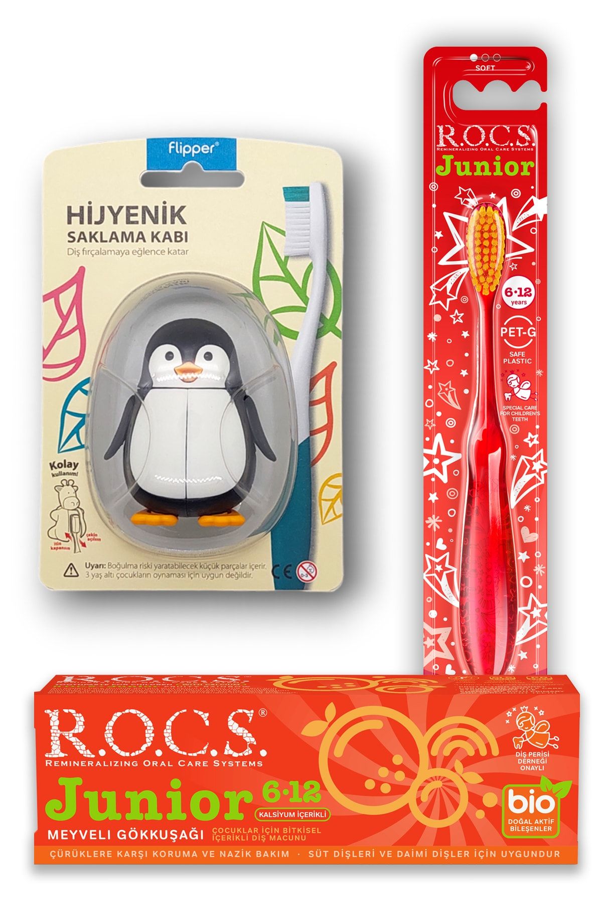 R.O.C.S.-R.o.c.s 6-12 Penguin Care Set - Rainbow Toothpaste + Junior Toothbrush Red + Penguin Container 1