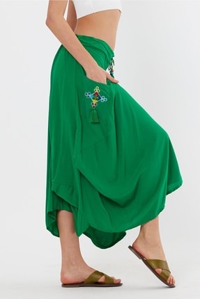 Cotton Mood Vp2806 Otantik Nakışlı Şalvar Etek Yesıl