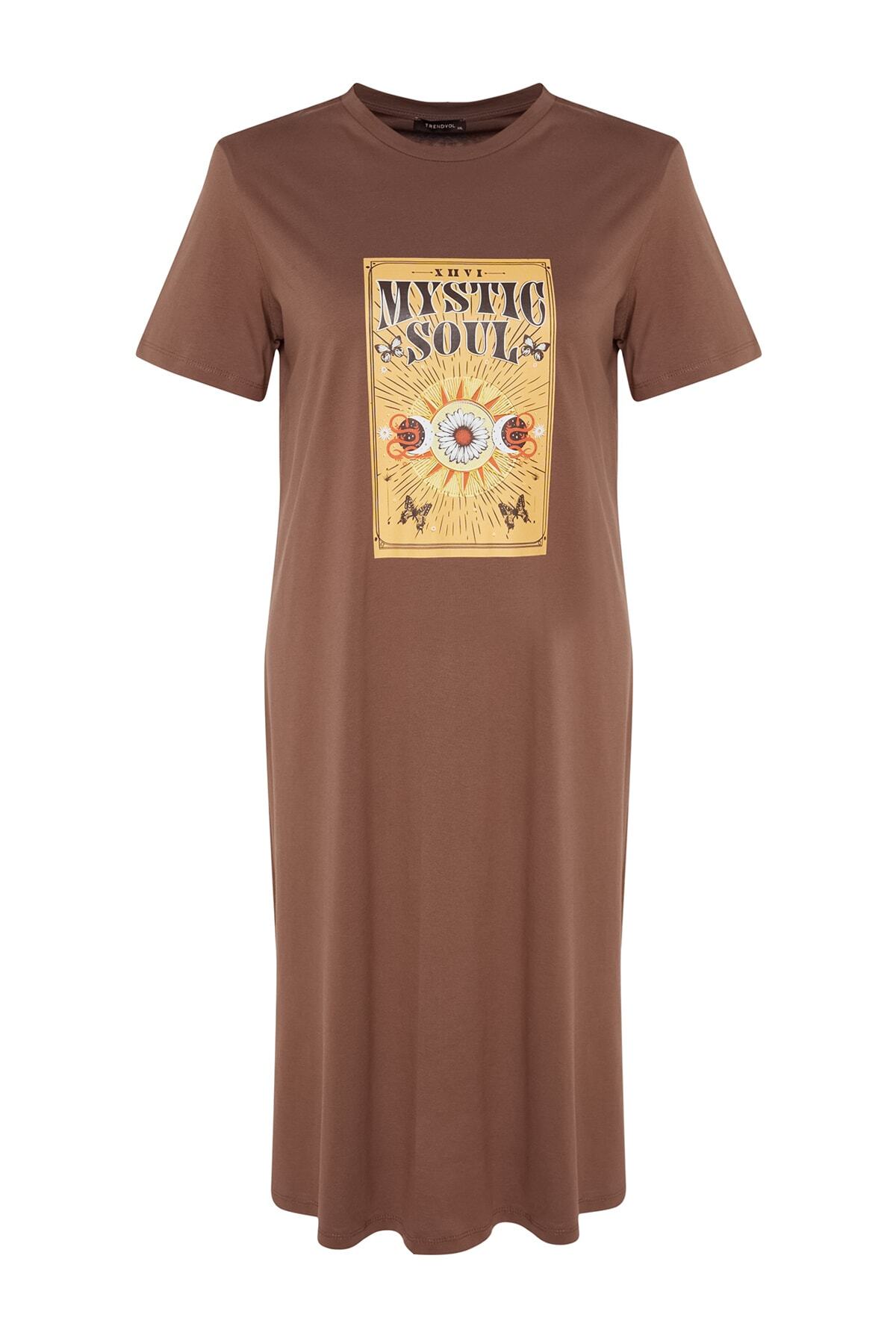Trendyol Curve-Plus Size Brown Knitted Dress - Crew Neck, Print and Slit, 100% Cotton Tbbss23Ah00156 6