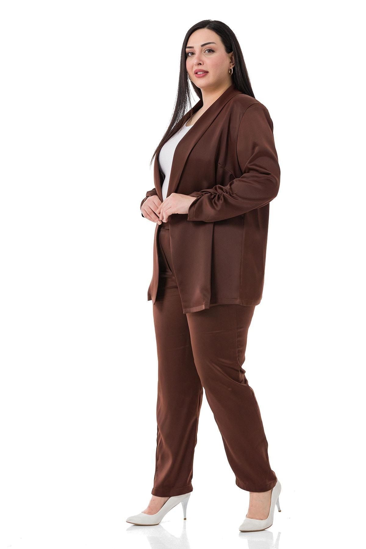 DISENTIS MODEST-Plus Size Satin Brown Trousers with Elastic Side and Back Pockets 4