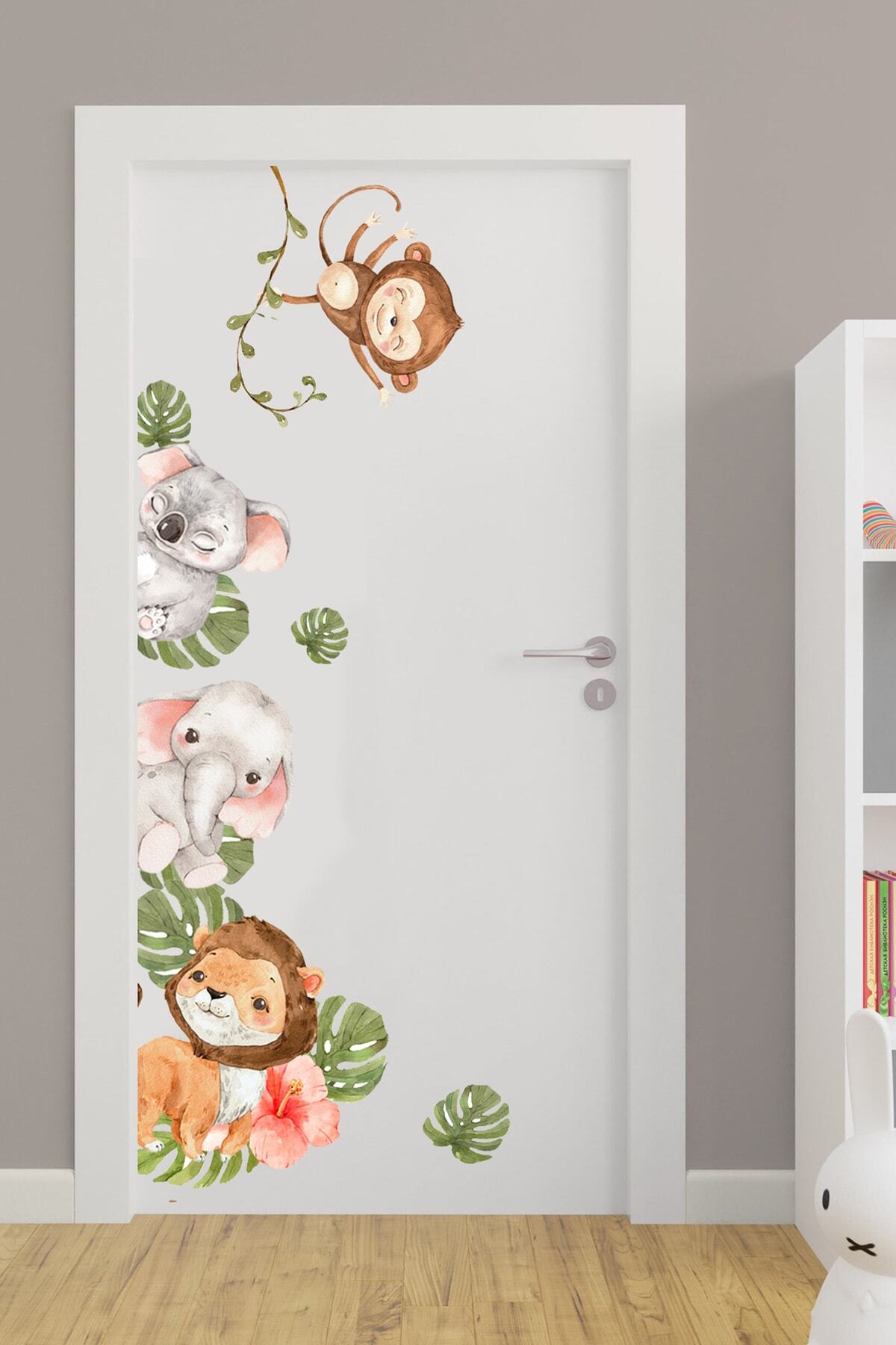 Sim Tasarım - Kapı Sticker - Suluboya Tropikal Safari Hayvanlar Çocuk Odası Kapı Sticker Seti fotoğrafı 2 (önizleme)