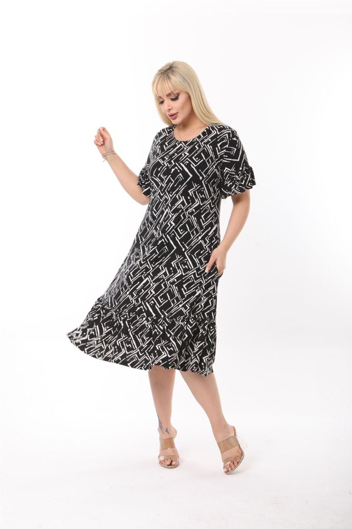 Mezura Plus Size Knee Length Sleeve and Skirt Ruffle Detailed