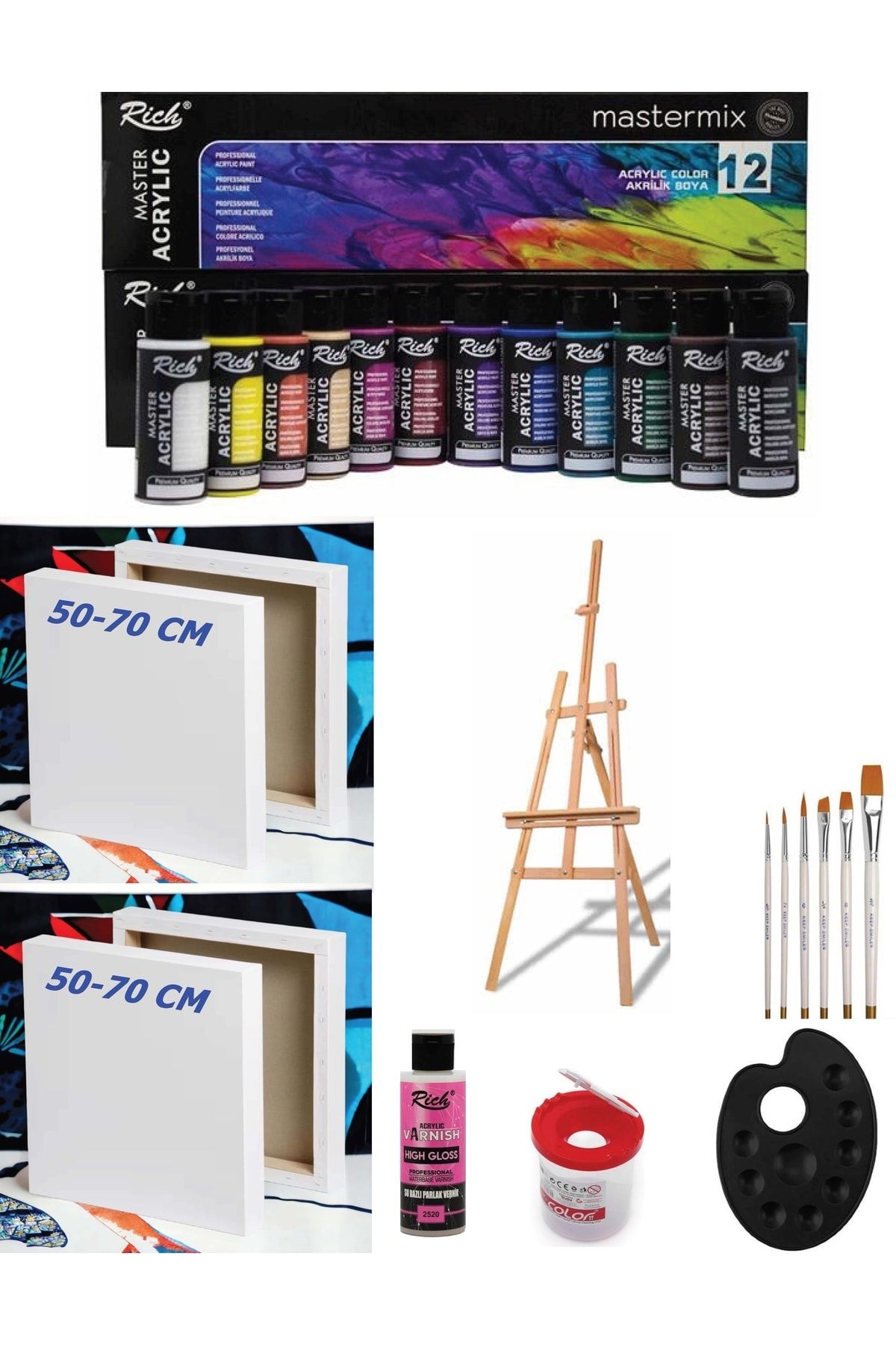 2 Adet 50x70 Cm Tuval Mastermix Akrilik 12 Renk Şovale Ve Hobi Boyama Seti Tam Takım