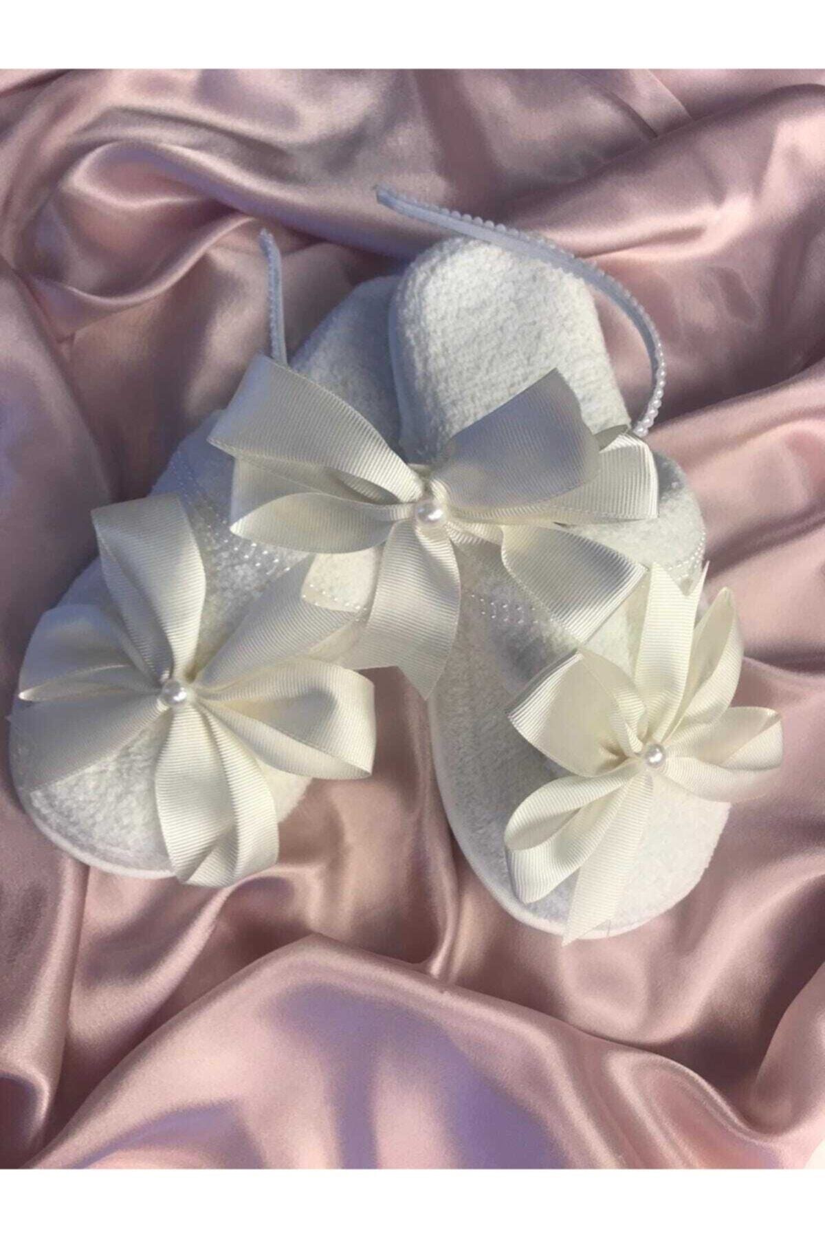 SÜSLÜTASARIM Fiyonklu Beyaz Lohusa Terlik Taç Setil 1006 – Lohusa Seti – Lohusa Seti – Lohusa Seti