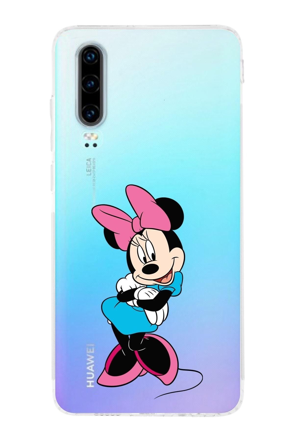 Huawei P30 Kamera Korumalı Kapak Minnie Mouse Tasarımlı Şeffaf Kılıf