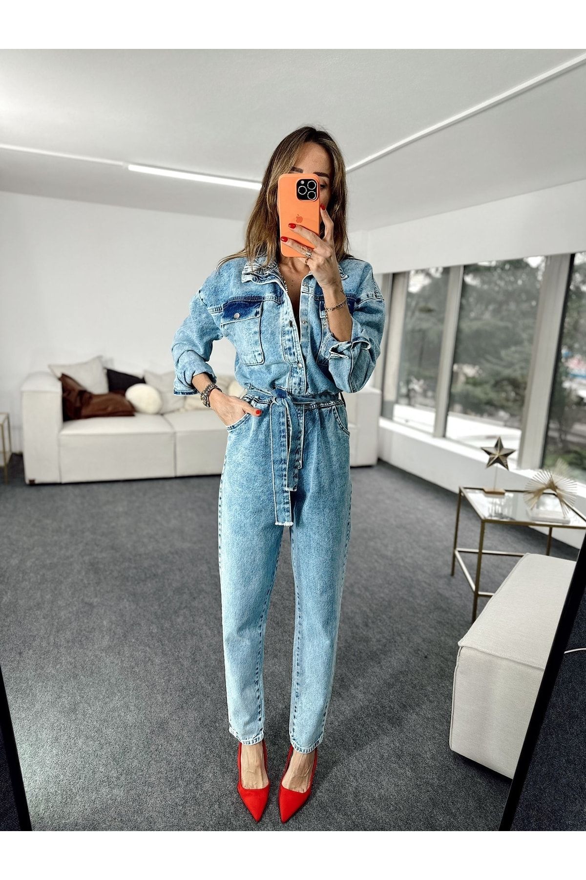 Laluvia Belted Waist Denim Jumpsuit Trendyol