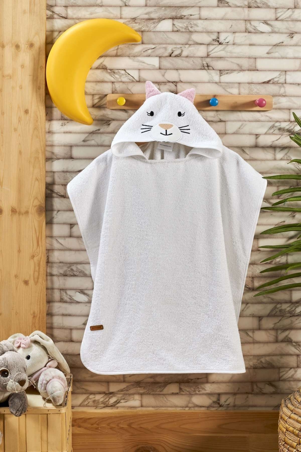 ELY PARKER Prosop De Plajă Pentru Copii Cu Glugă (3-8 Ani) Suprafață Interioară-exterioară 100% Bumbac Pisică Albă Unisex - 60 x 120