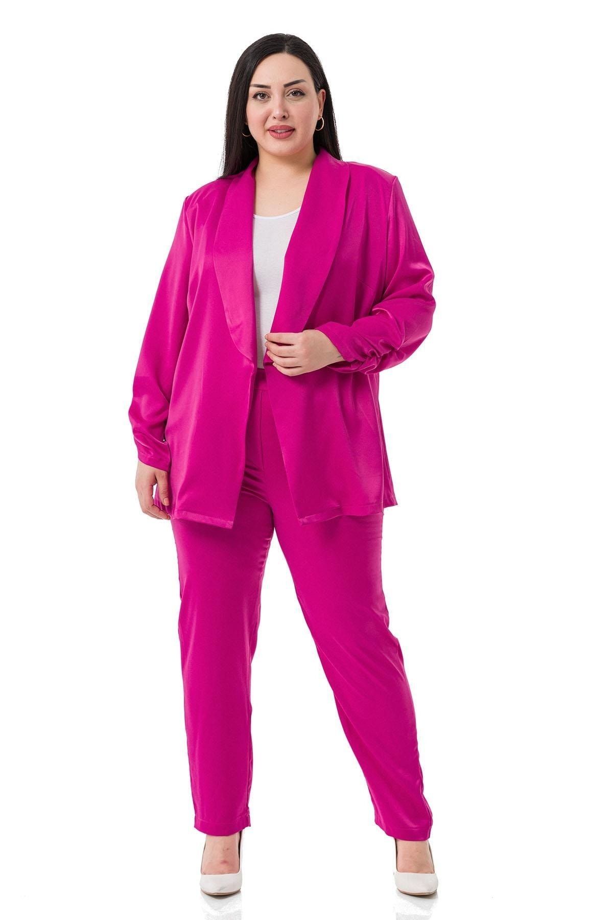 DISENTIS MODEST-Plus Size Satin Fuchsia Trousers with Elastic Side and Back Pockets 2