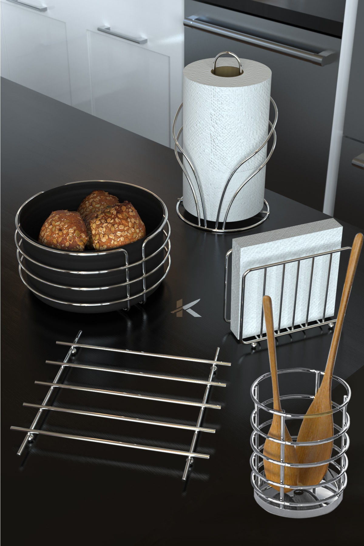 KARTEYA Lüx Paslanmaz Ekmek Sepeti Ve Servis Sunum Seti Havluluk Peçetelik Nihale Ekmeklik Kaşıklık 5'li Set