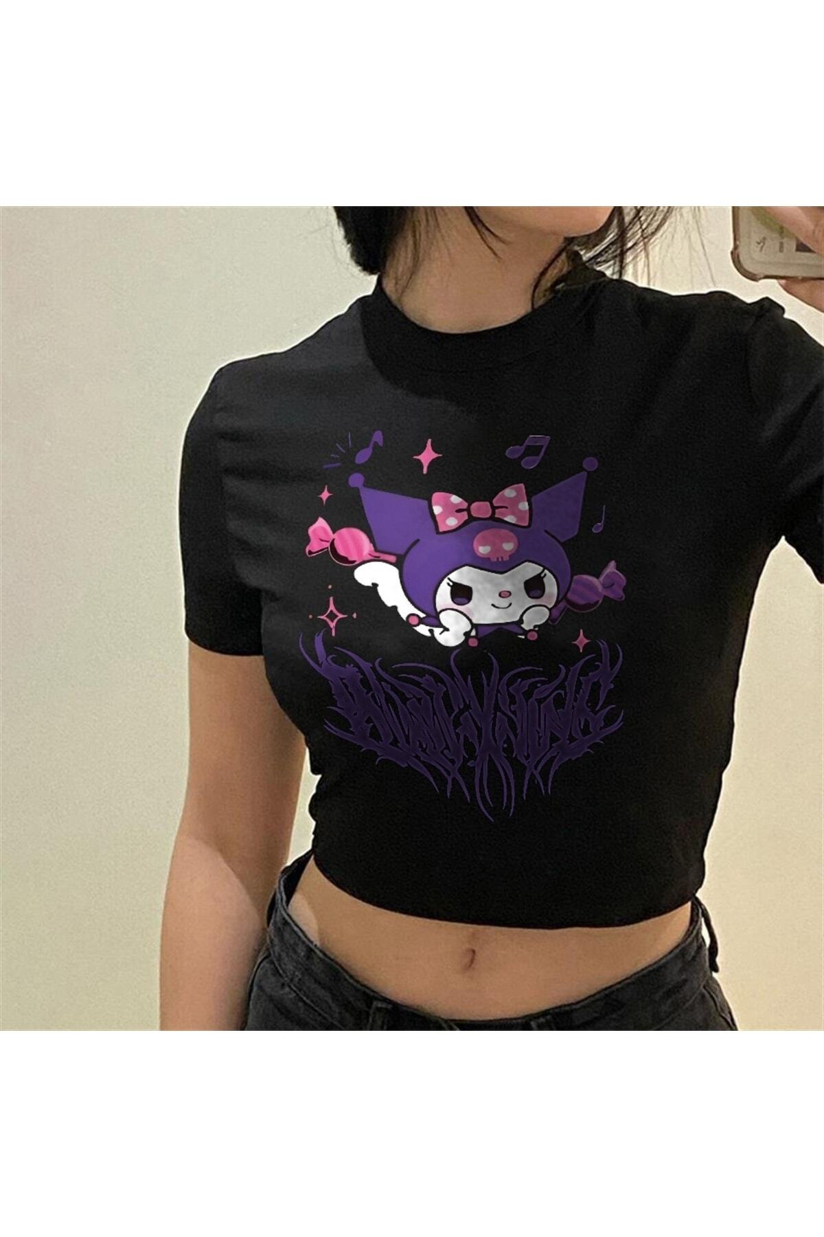 トップス Kurumi DEEFWEAR Kuromi Baskılı Crop Top Tişört - Fiyatı, Yorumları