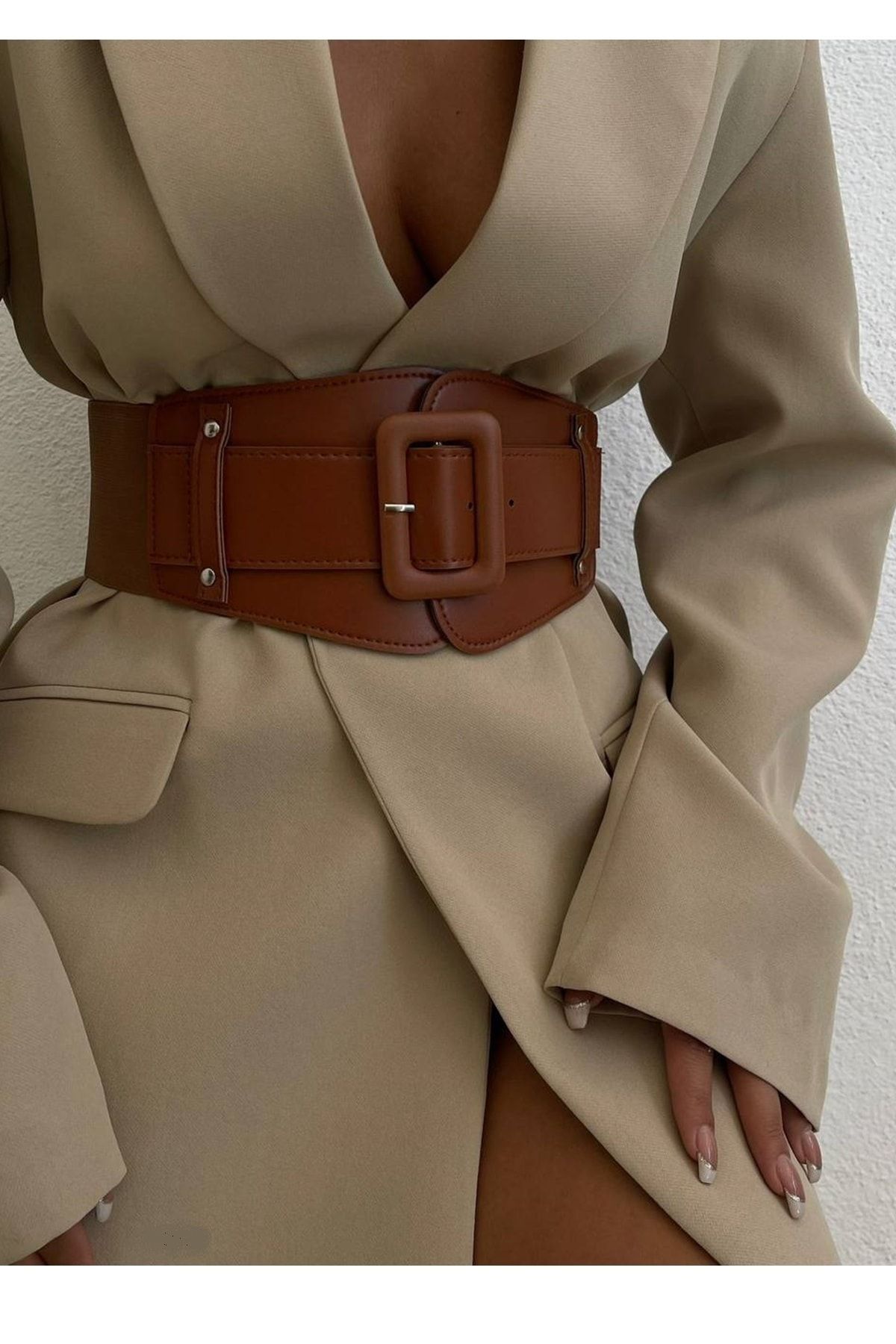 lovebox-Curea elastică din piele artificială maro - curea pentru femei cu cataramă mare, corset în talie, curea lată 1743 2