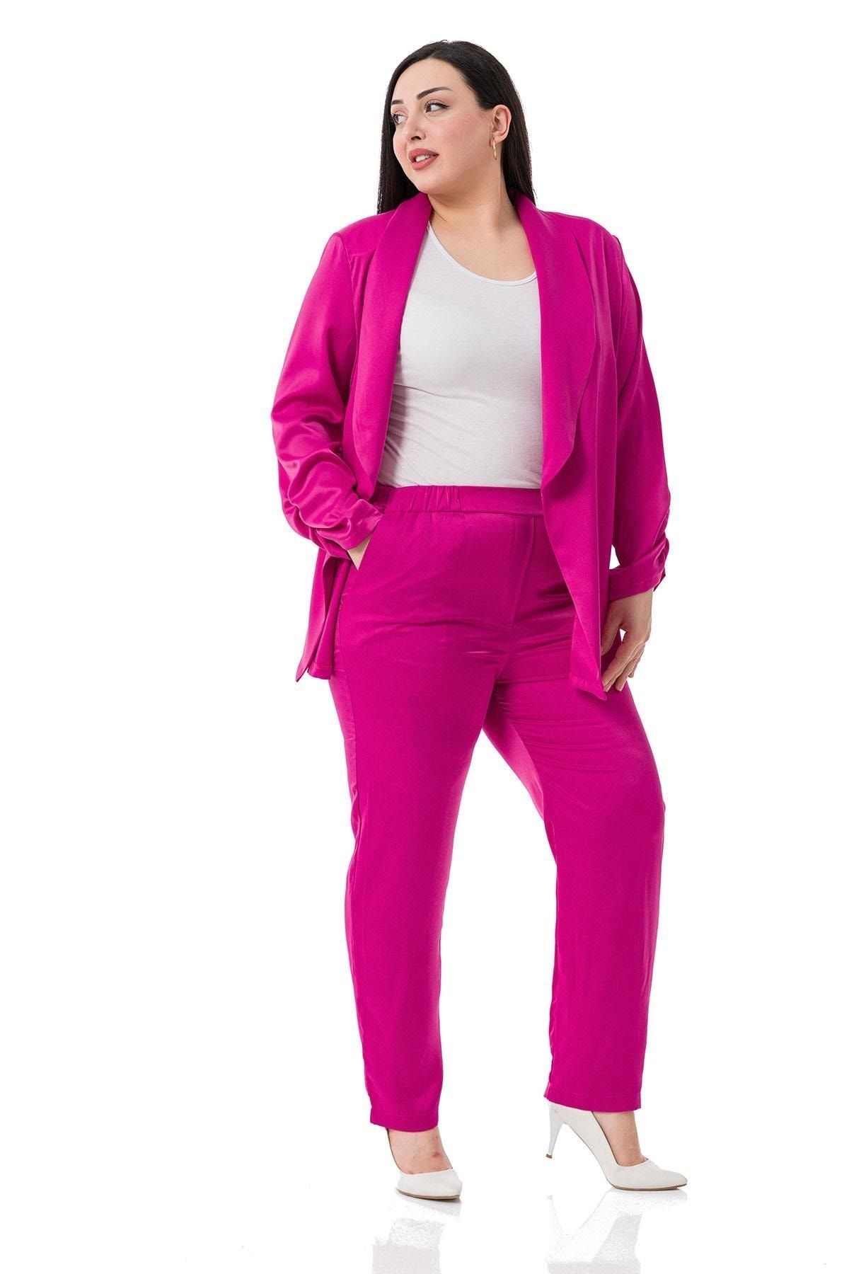 DISENTIS MODEST-Plus Size Satin Fuchsia Trousers with Elastic Side and Back Pockets 4