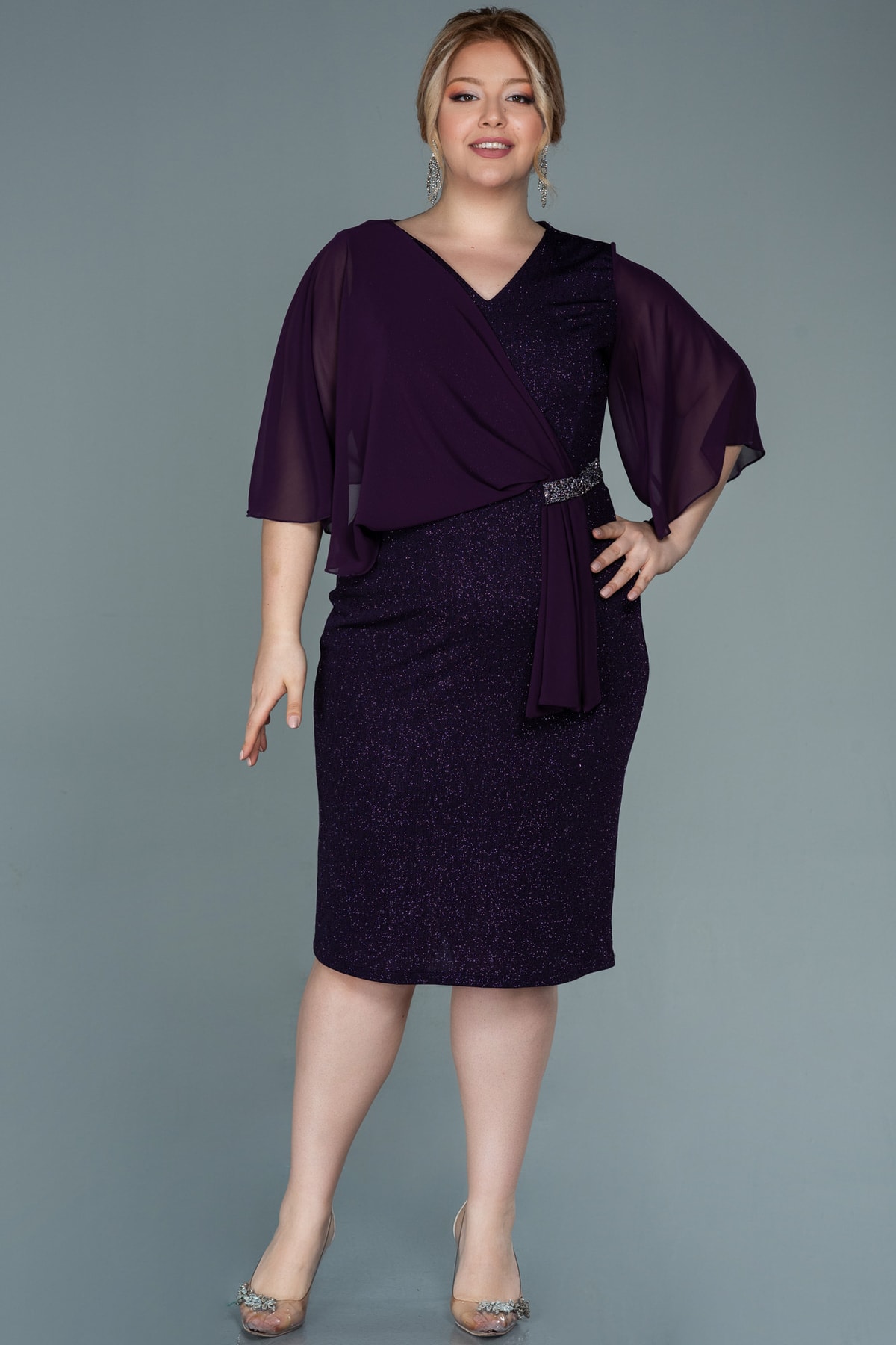 Dark Purple Short Sleeve Glitter Midi Plus Size Evening Dress Abk1610
