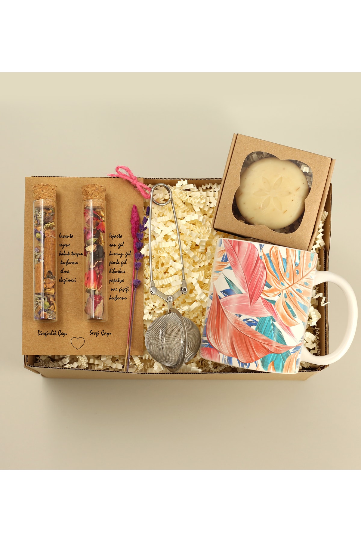 Floral Printed Mug & Boxed Lavender Soap & Tea Herbal Tongs & Herbal Tea Gift Set of 2