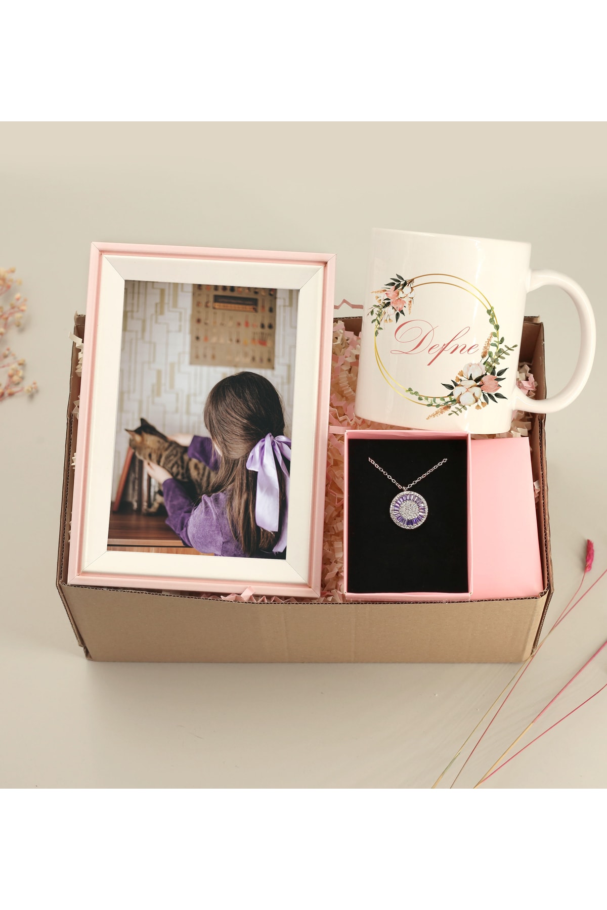 Personalized Name Printed Mug & Zircon Stoned Round Baguette & Personalized Photo Frame