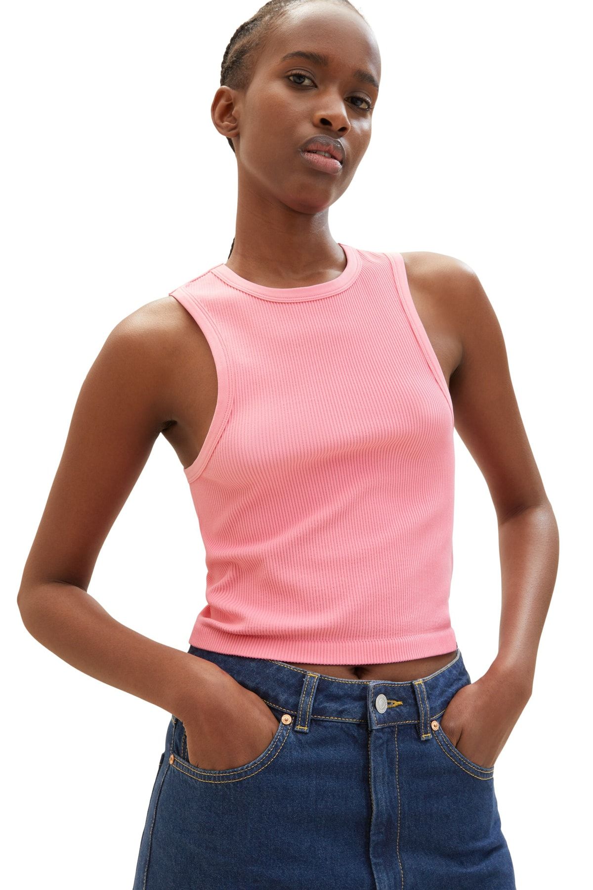 Pink tank top denim skirt
