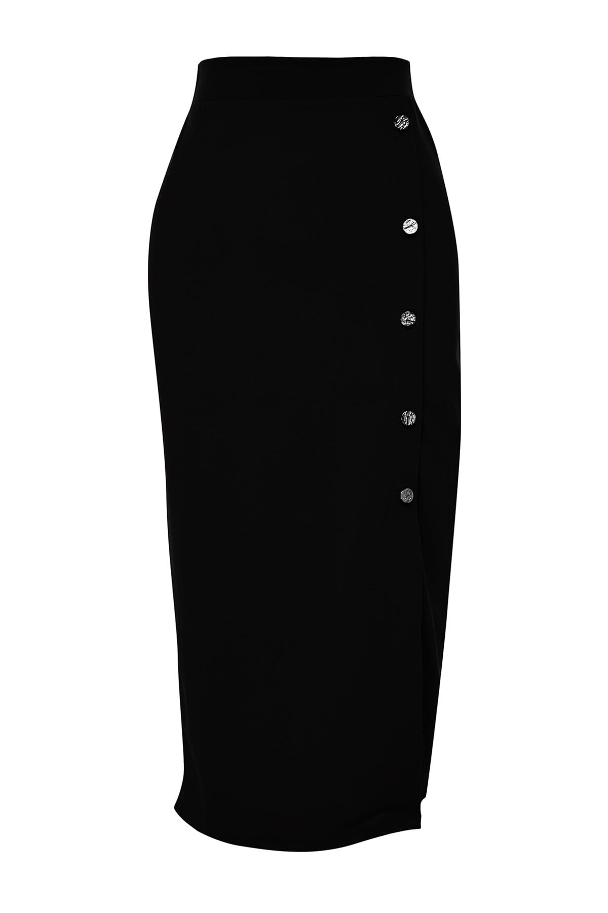 Trendyol Collection-Czarna, inteligentna krepa, zapinana na guziki, szczegółowa, ołówkowa spódnica midi z wysokim stanem, z dzianiny ze stretchem TWOSS23ET00320 7