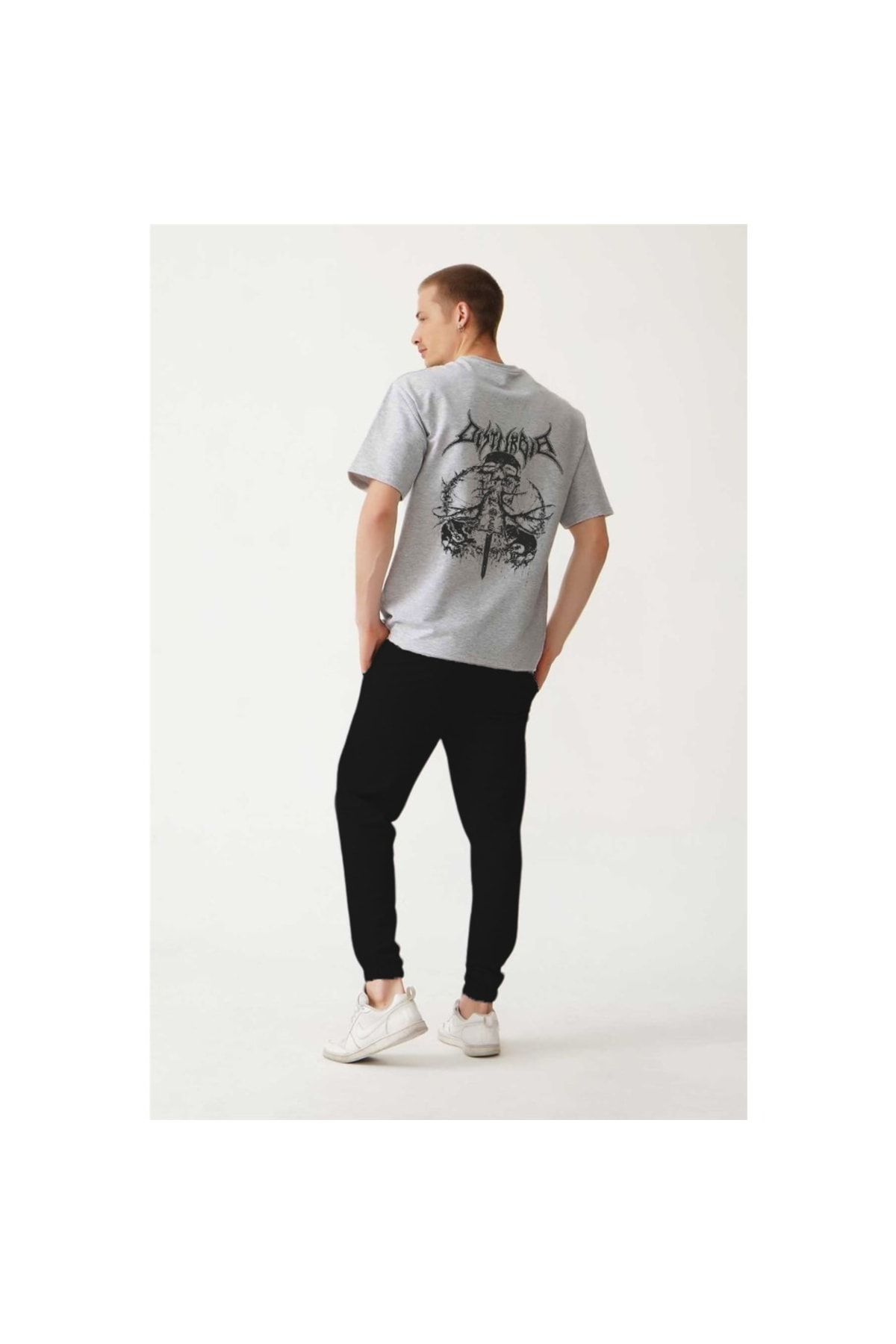 aynewmoda Set Tricou Cu Imprimeu Cu Schelet Negru Și Pantaloni De Trening Gri Unisex - M