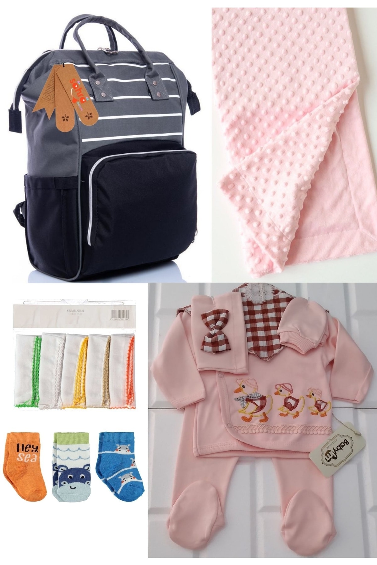 5-Piece Delivery Set (Baby Care Backpack,Hospital Checkout,Chickpea Blanket, 10 Wipes and 3 Socks)