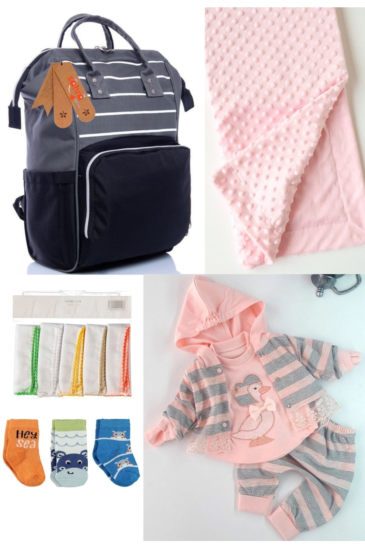 5-Piece Delivery Set (Baby Care Backpack,Hospital Checkout,Chickpea Blanket, 10 Wipes and 3 Socks)