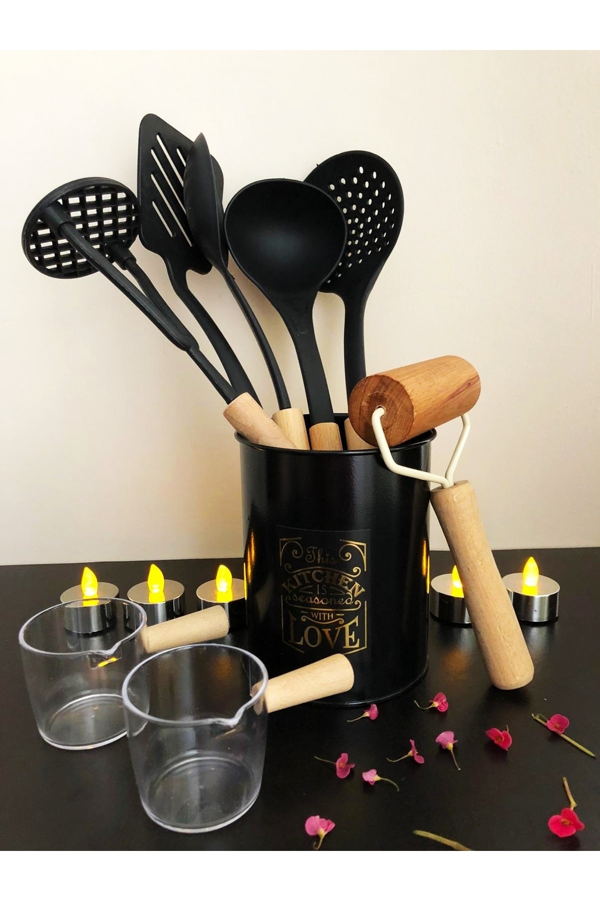6 Pieces Wooden Handle Service Set with Metal Stand 1 Roll Dough Opener Roller 2 Mini Sauce Bowls