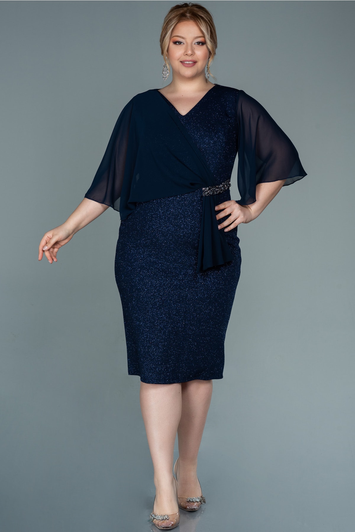 Navy Blue Short Sleeve Glitter Midi Plus Size Evening Dress Abk1610