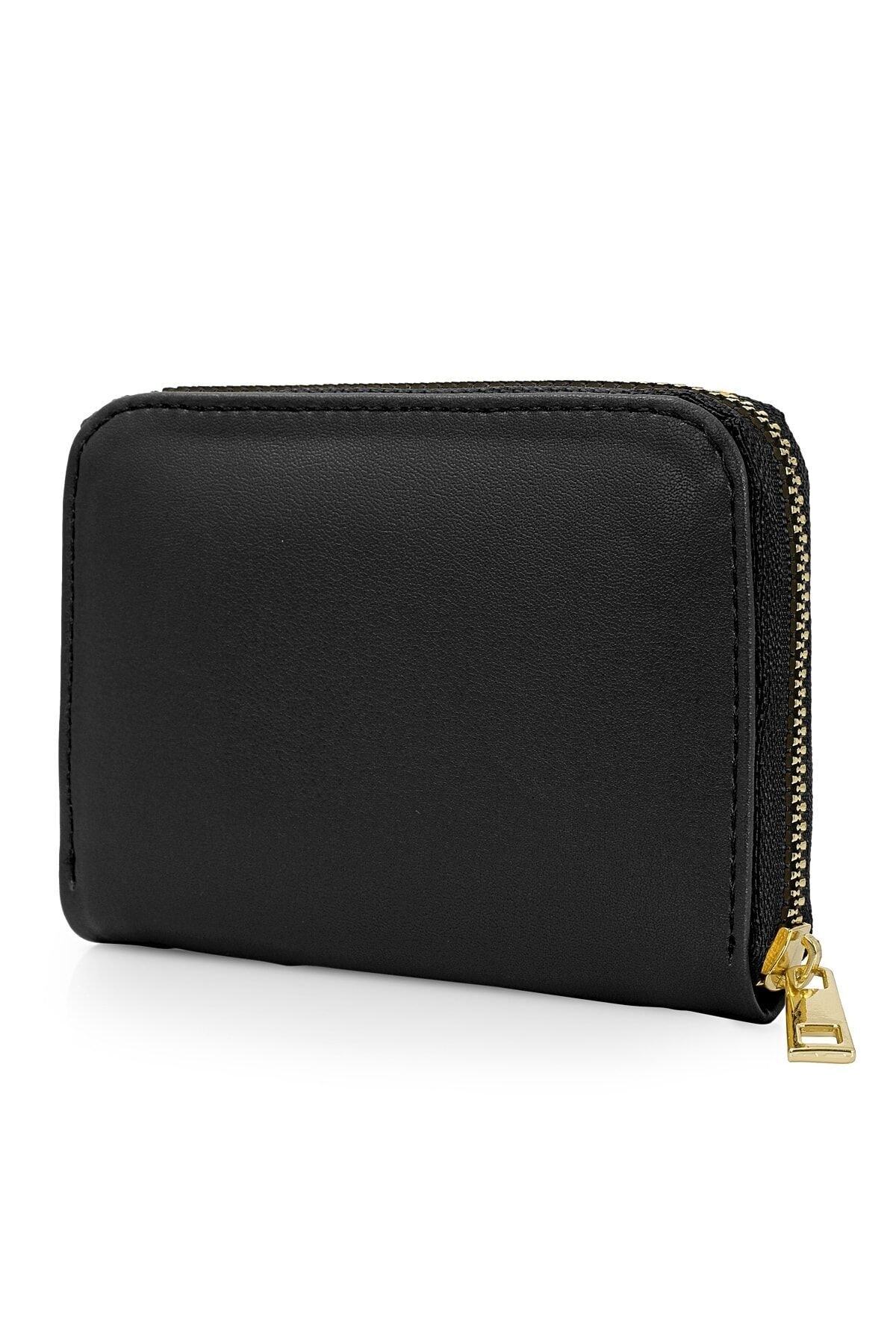 dericom  Orjinal Kadın Kartlıklı Fermuarlı Bozuk Para Bölmeli Şık Mini Kartlık Cüzdan Siyah - Görsel 2