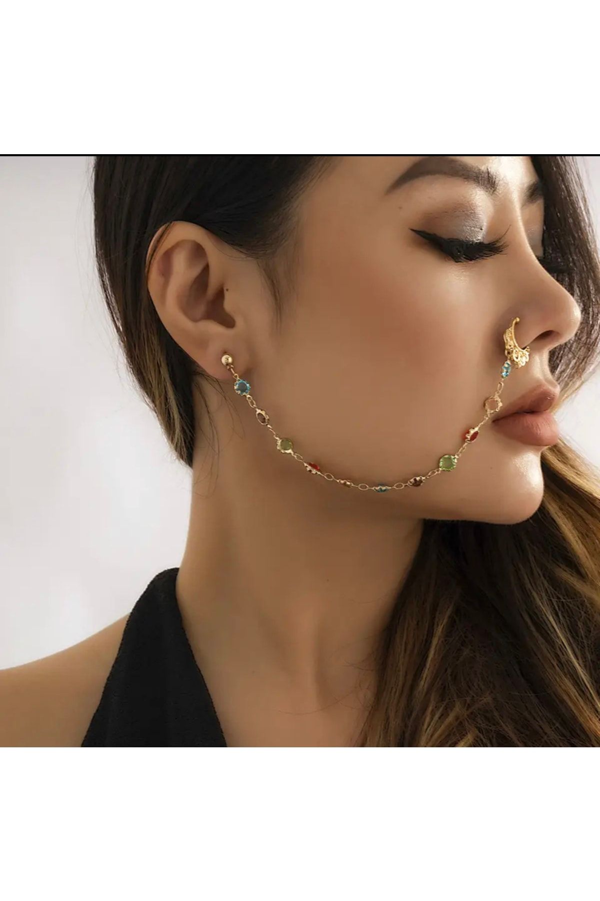 Nose to top ear chain piercing