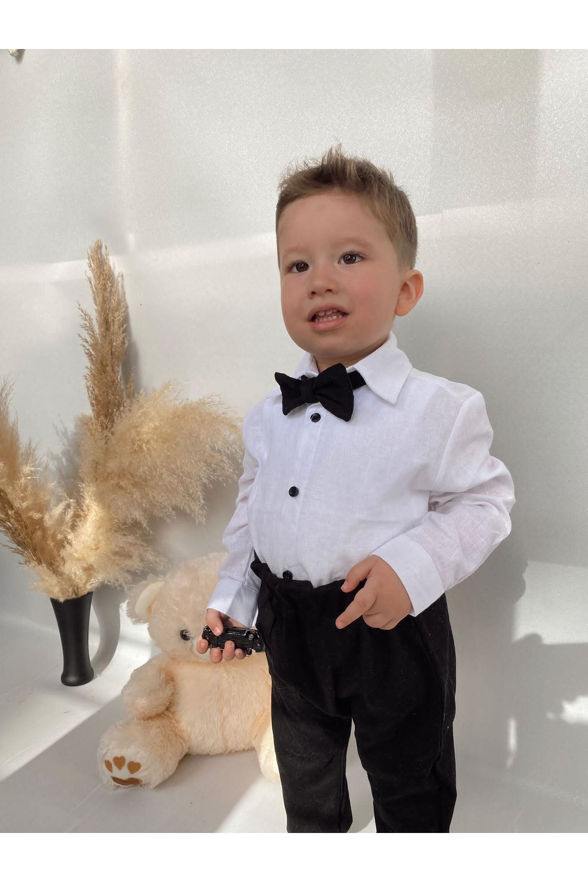 Poplinkids Siyah Renk Pantolon Beyaz Keten Gömlek Ve Papyonlu Üçlü Takım  160