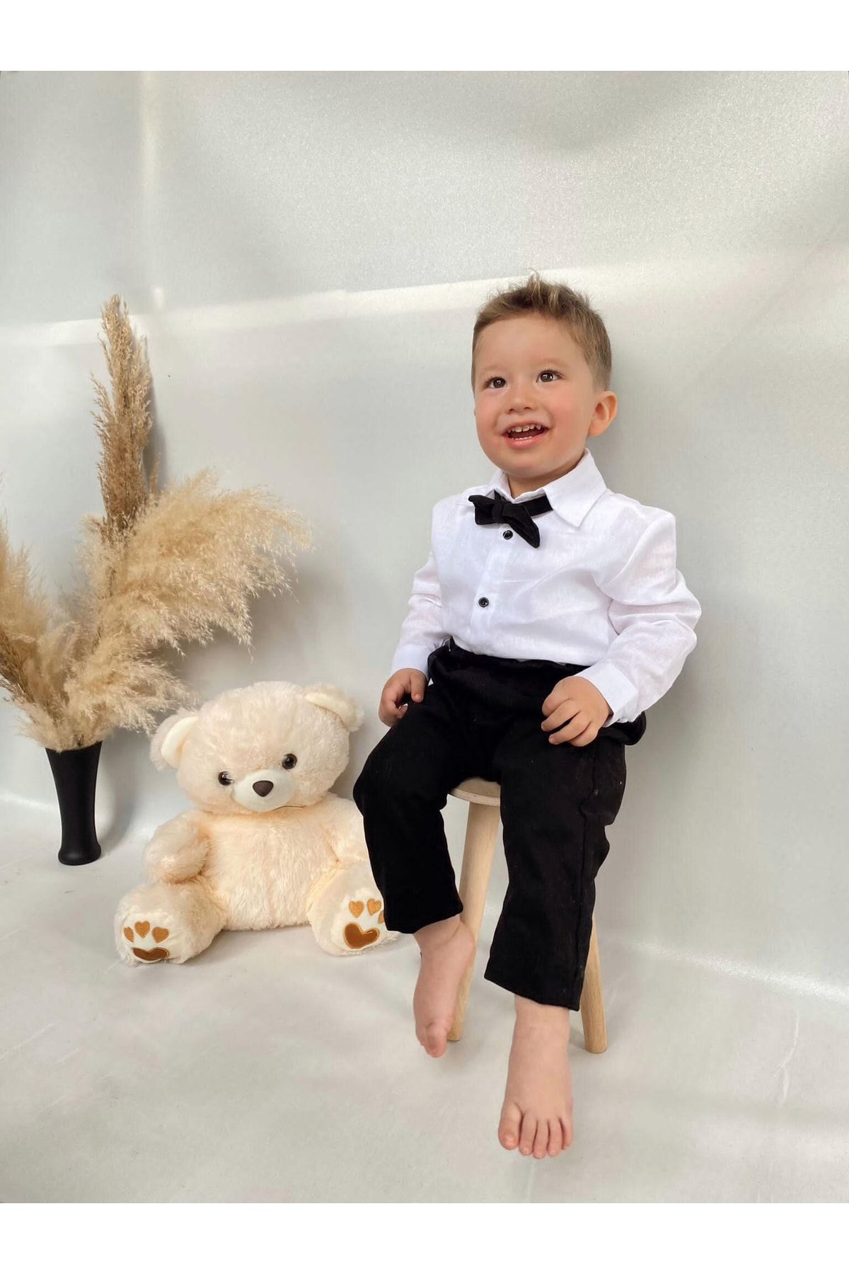 Poplinkids Siyah Renk Pantolon Beyaz Keten Gömlek Ve Papyonlu Üçlü Takım  160