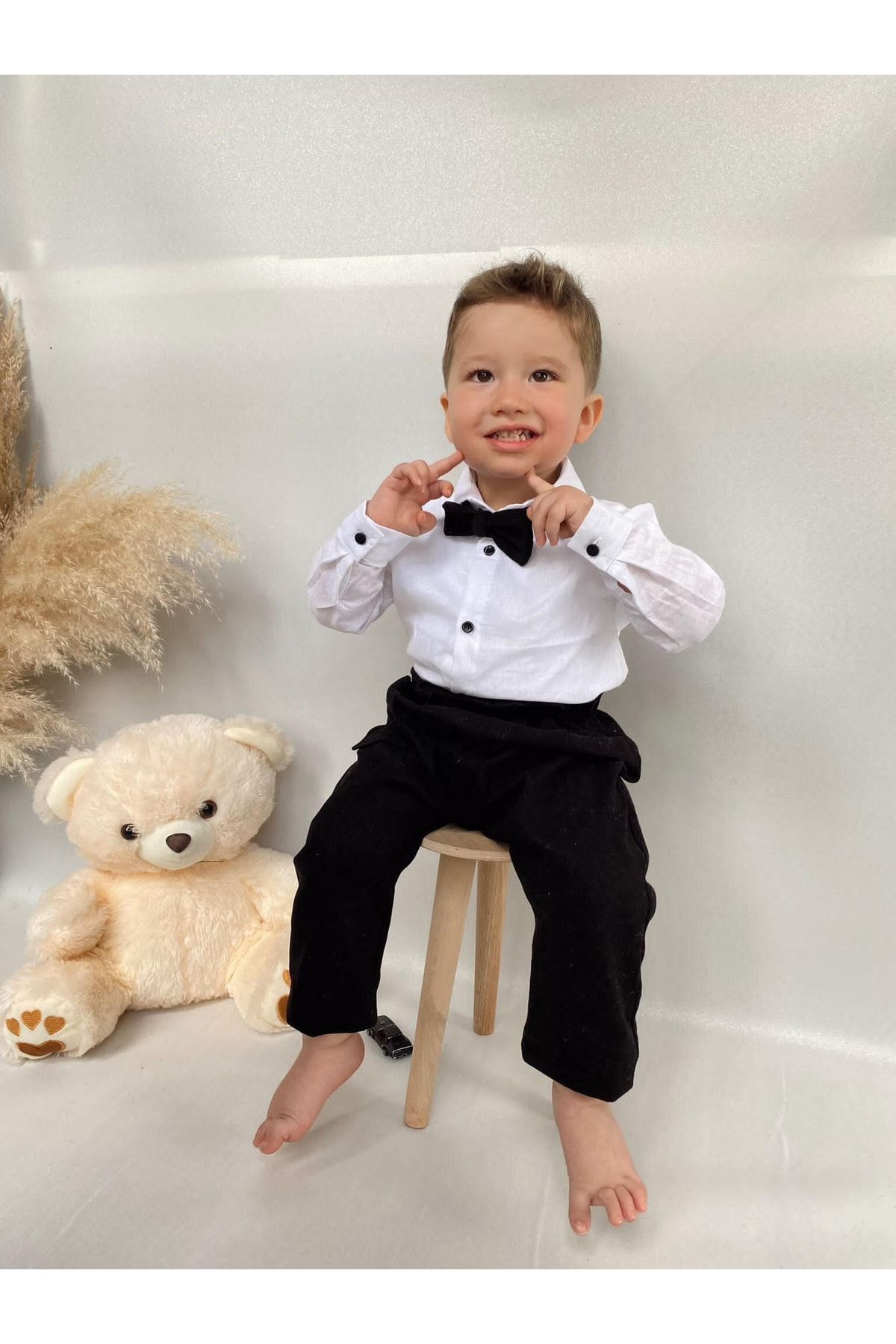 Poplinkids Siyah Renk Pantolon Beyaz Keten Gömlek Ve Papyonlu Üçlü Takım  160