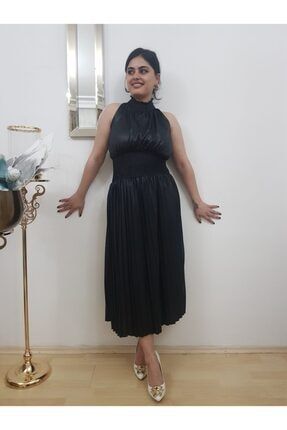 Kadın Siyah Sıfır Kol Bel Lastikli Piliseli Mdi Elbise FERO0000902