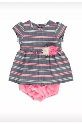 Kız Bebek Pembe Shiny Heart Dokuma Elbise 2'li Takım K3061