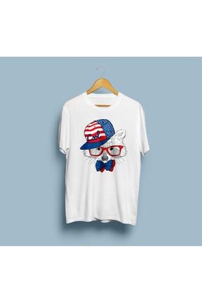 Unisex Beyaz Cool Tilki Amerikan Bayraklı Tasarım T-Shirt KRG0071