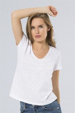 Kadın Beyaz Paris U Yaka Basic T-shirt Burdagel-WTSPARIS